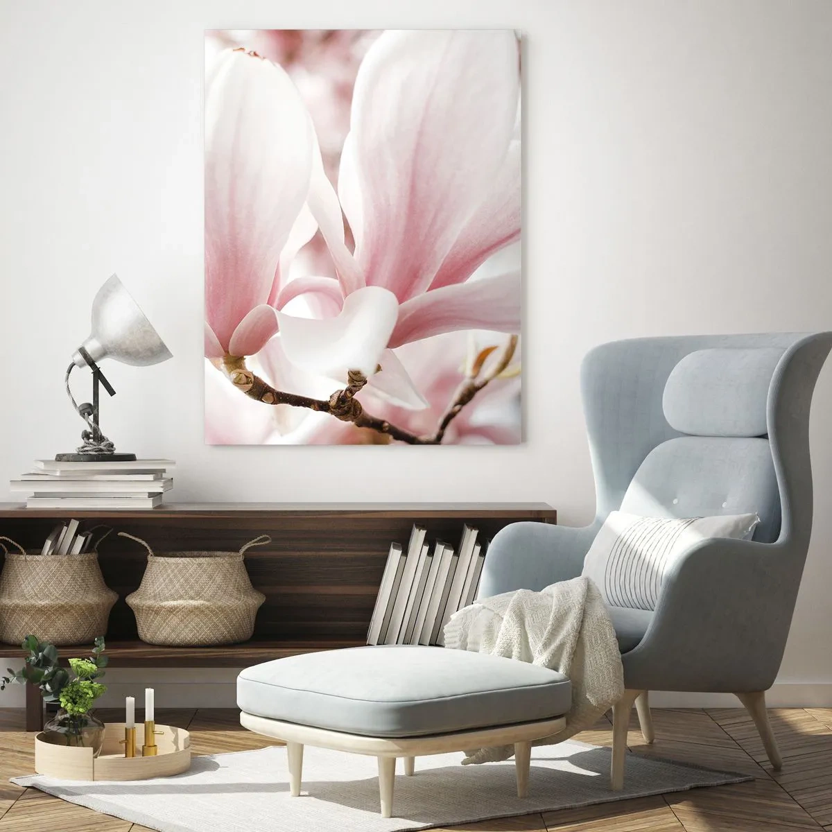 Quadro su vetro - Delicate magnolie rosa in primo piano su uno sfondo sfocato - 50x70cm - Tenerezza senza fine - Decorazione murale moderna per soggiorno e camera da letto ARTTOR