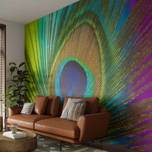 Fotomurali Standard Eco - Piuma di pavone colorata con motivo dettagliato - 100x70cm - Occhio nell'occhio - Decorazione murale moderna per soggiorno e camera da letto ARTTOR
