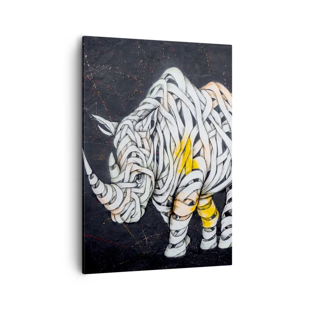 Quadro su tela - Stampe su Tela - Un rinoceronte scolpito con strisce astratte su sfondo scuro. - 50x70cm - La pelle dura è un mito - Decorazione murale moderna per soggiorno e camera da letto ARTTOR