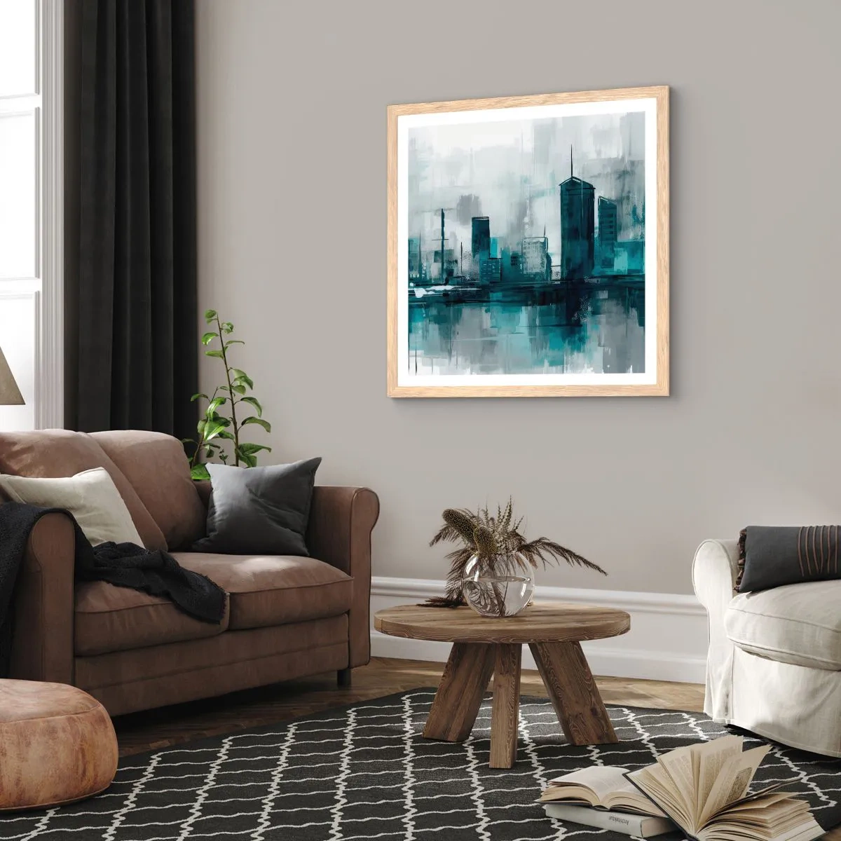 Poster in cornice rovere chiaro - La città al colore della pioggia - 60x60 cm