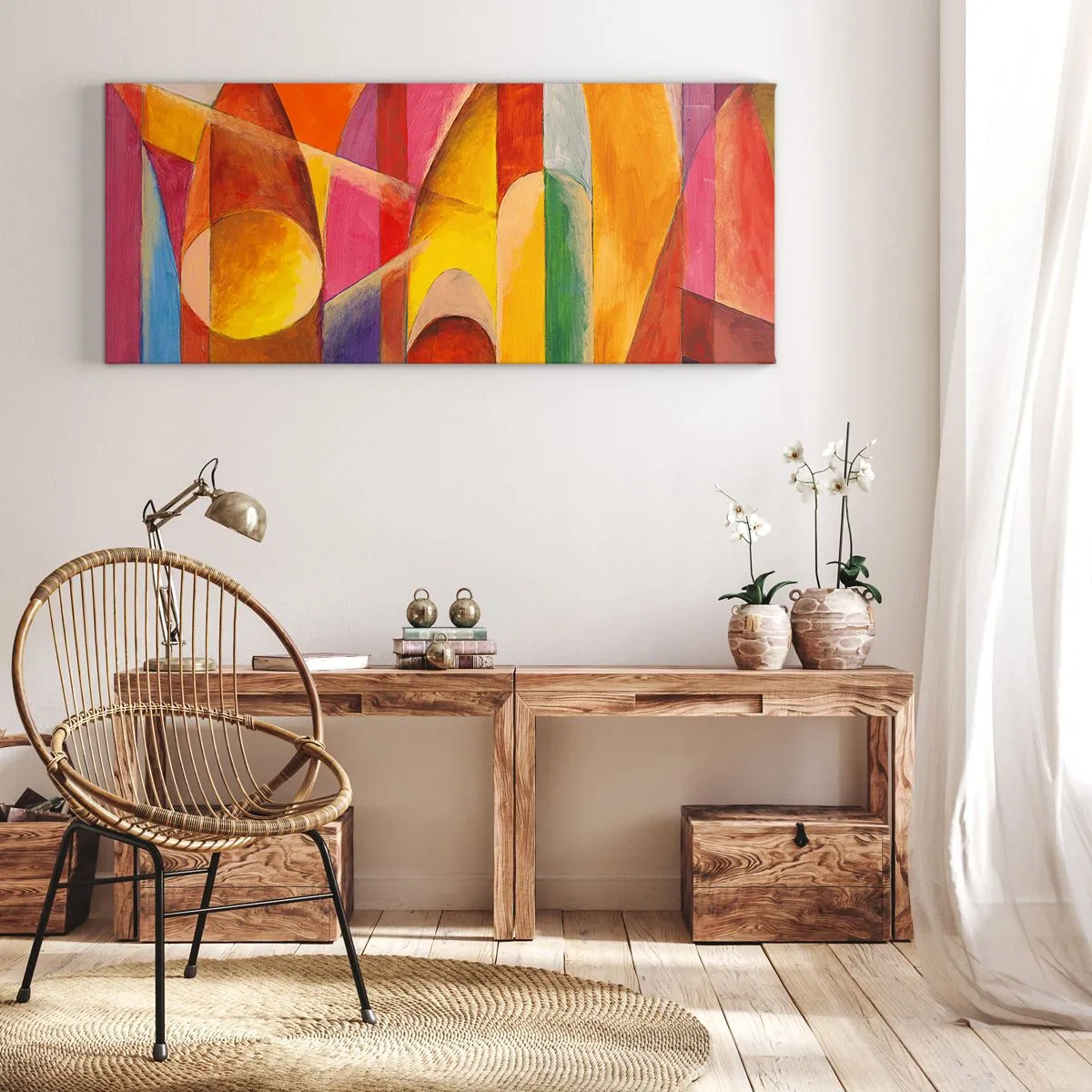Quadro su tela - Stampe su Tela - Una composizione astratta ricca di forme geometriche colorate. - 160x50cm - La cattedrale del sole - Decorazione murale moderna per soggiorno e camera da letto ARTTOR