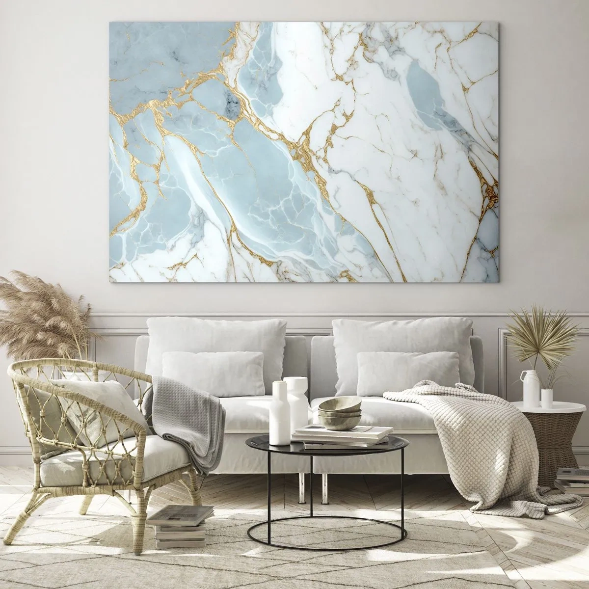 Quadro su vetro - Marmo astratto nei toni del blu e dell'oro - 120x80cm - La ricchezza della pietra - Decorazione murale moderna per soggiorno e camera da letto ARTTOR