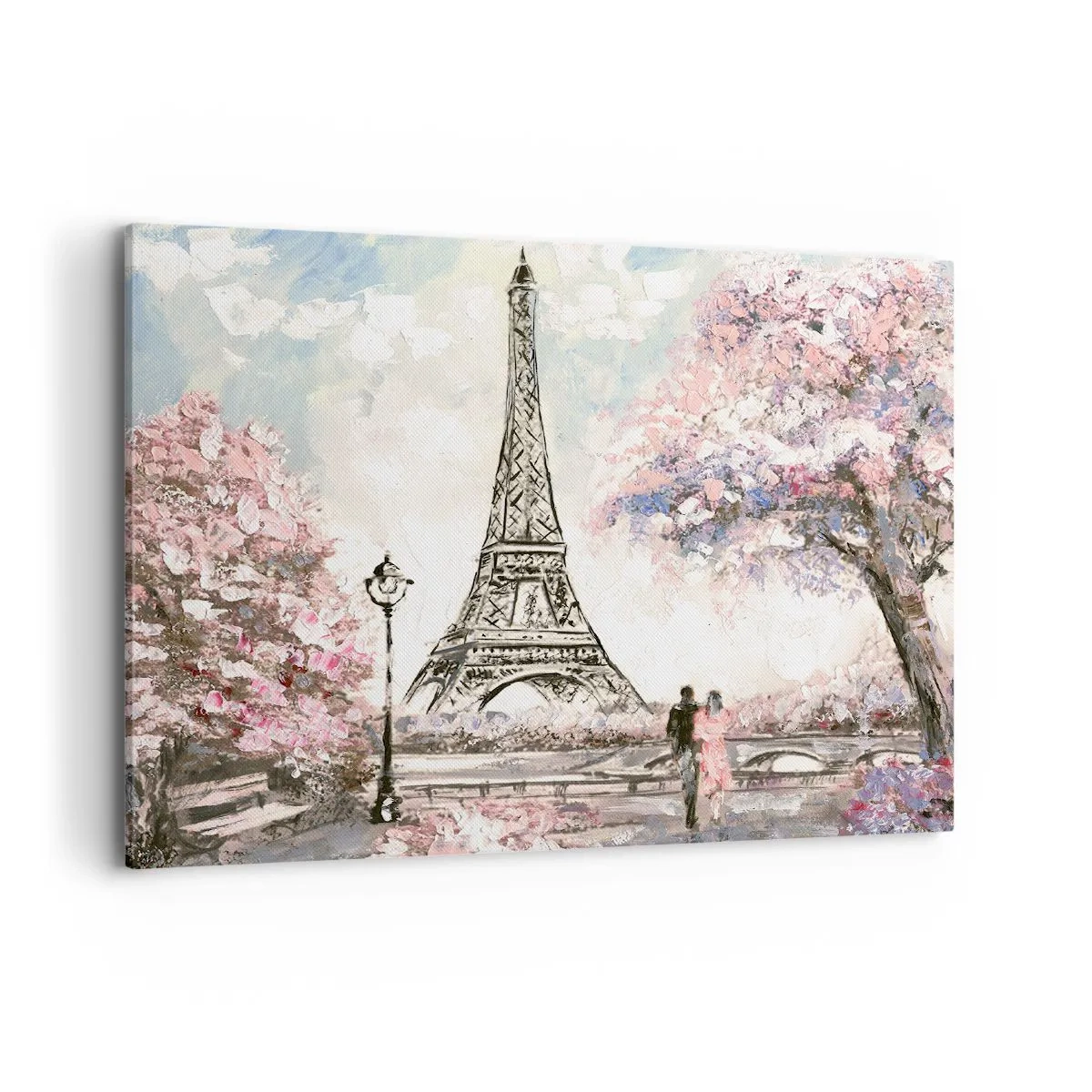 Quadro su tela - Stampe su Tela - La Torre Eiffel circondata da alberi in fiore - 100x70cm - Passeggiata a Parigi in aprile - Decorazione murale moderna per soggiorno e camera da letto ARTTOR