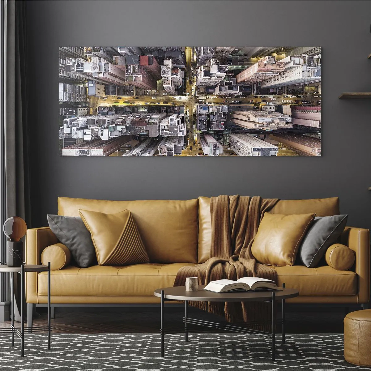 Quadro su vetro - Una vista a volo d'uccello di una città piena di grattacieli - 160x50cm - Saluti da Hong Kong - Decorazione murale moderna per soggiorno e camera da letto ARTTOR