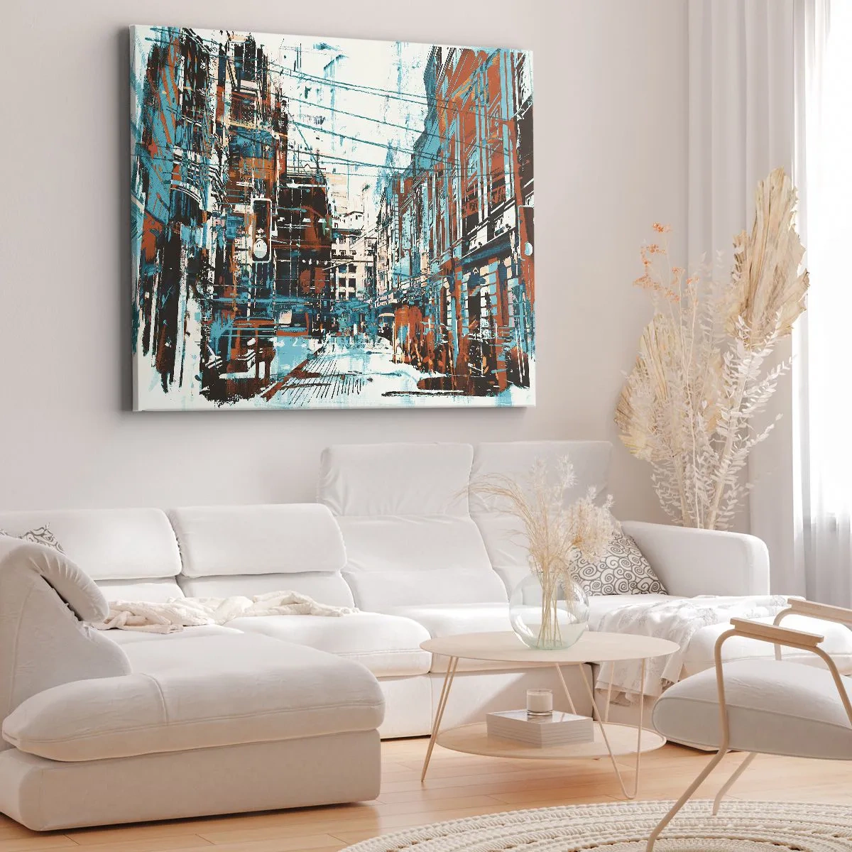 Quadro su tela - Stampe su Tela - Un paesaggio urbano nei toni del blu e dell'arancione - 120x80cm - Percorso cittadino consueto - Decorazione murale moderna per soggiorno e camera da letto ARTTOR