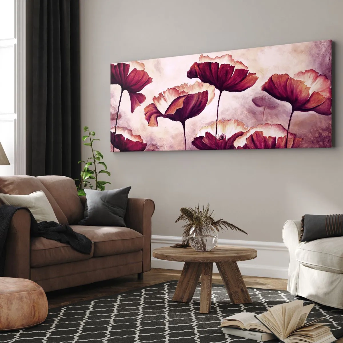 Quadro su tela - Stampe su Tela - Fiori nei toni del rosso e del bianco su uno sfondo delicato - 140x50cm - Petalo rosso e bianco - Decorazione murale moderna per soggiorno e camera da letto ARTTOR