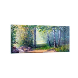 Quadro su vetro - Un ruscello nella foresta circondato da betulle e sole - 120x50cm - Scena di beatitudine - Decorazione murale moderna per soggiorno e camera da letto ARTTOR