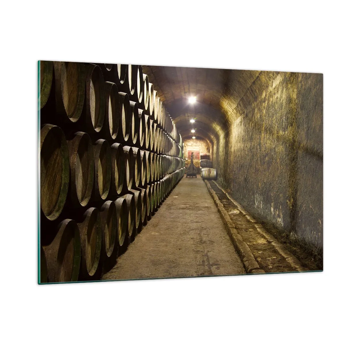 Quadro su vetro - Cantina con file di botti - 120x80cm - È bene riposare - Decorazione murale moderna per soggiorno e camera da letto ARTTOR