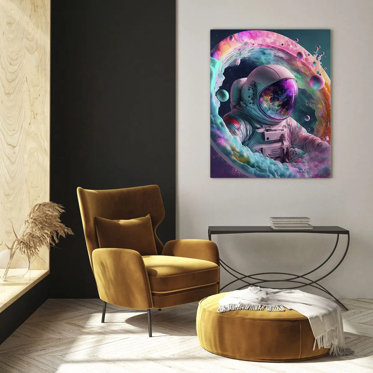 Quadro su vetro - Astronauta nello spazio colorato - 50x70cm - Stargate - Decorazione murale moderna per soggiorno e camera da letto ARTTOR