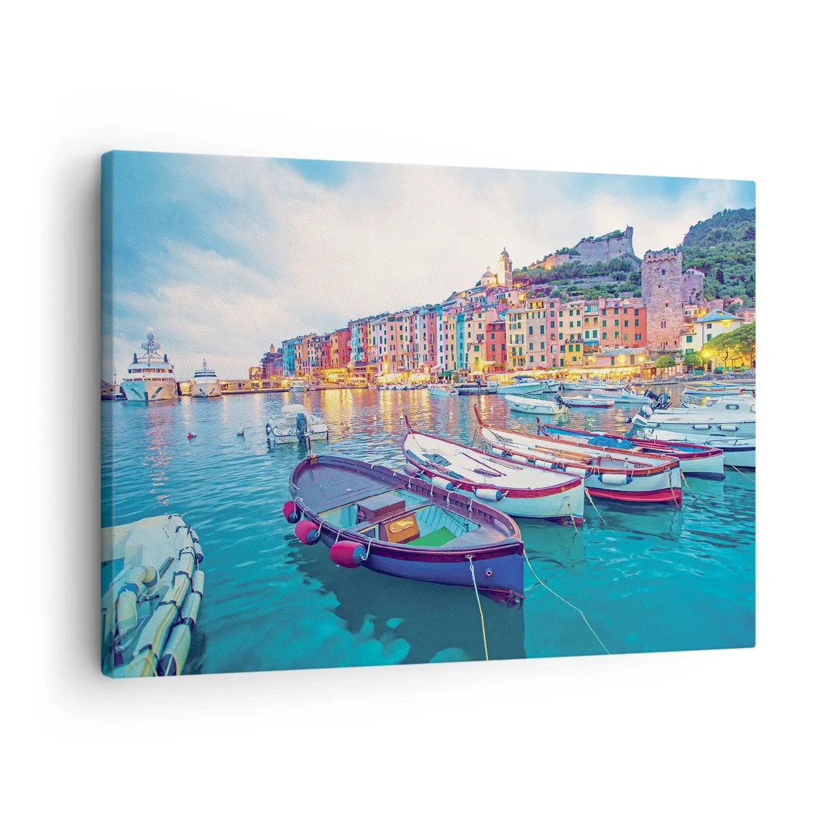 Quadro su tela - Stampe su Tela - Una colorata città sul lungomare con barche nel porto - 70x50cm - Sera colorata nel porto - Decorazione murale moderna per soggiorno e camera da letto ARTTOR