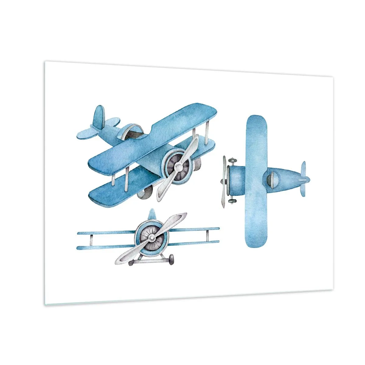 Quadro su vetro - Aeroplani retrò blu su sfondo bianco per bambini - 70x50cm - Nato per vincere - Decorazione murale moderna per soggiorno e camera da letto ARTTOR