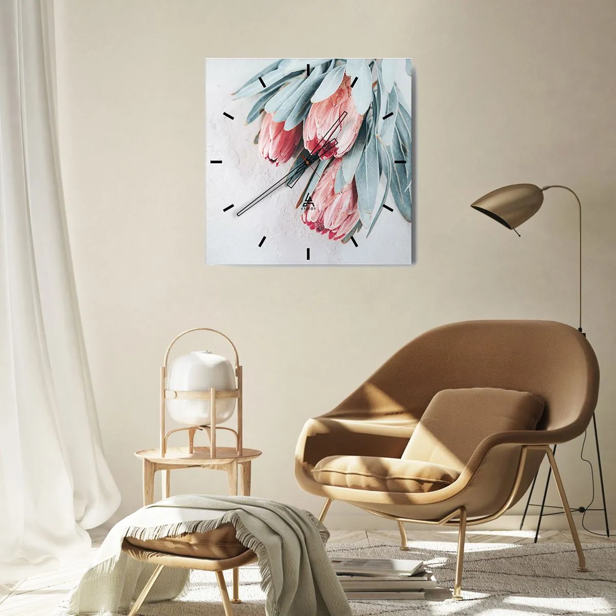 Orologio da parete - Orologio in Vetro - Delicati fiori di protea rosa su uno sfondo chiaro - 30x30cm - Imbarazzati per la propria bellezza - Decorazione murale moderna per soggiorno e camera da letto ARTTOR