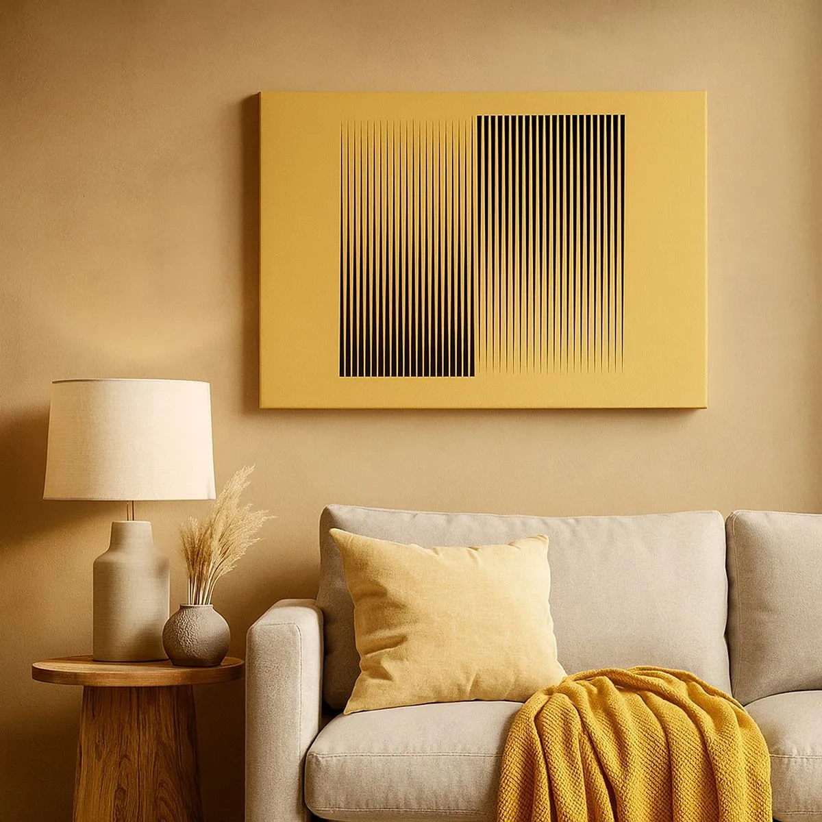 Quadro su tela - Stampe su Tela - Linee nere verticali su sfondo giallo - 70x50cm - La quadratura degli opposti - Decorazione murale moderna per soggiorno e camera da letto ARTTOR