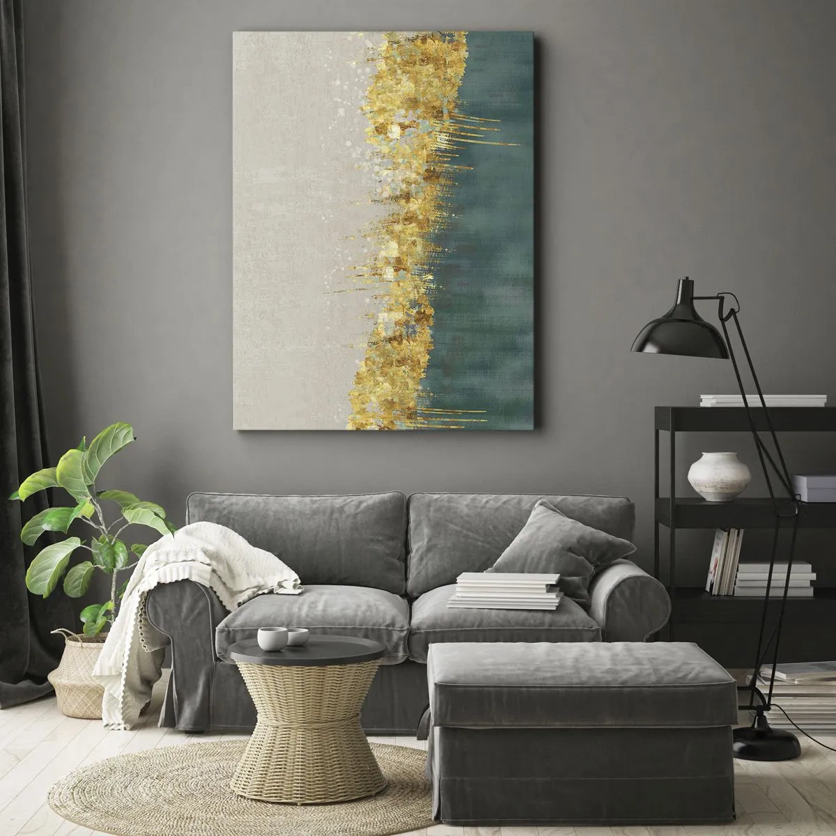 Quadro su tela - Stampe su Tela - Accenti dorati su sfondo verde-beige - 50x70cm - Confine dorato - Decorazione murale moderna per soggiorno e camera da letto ARTTOR