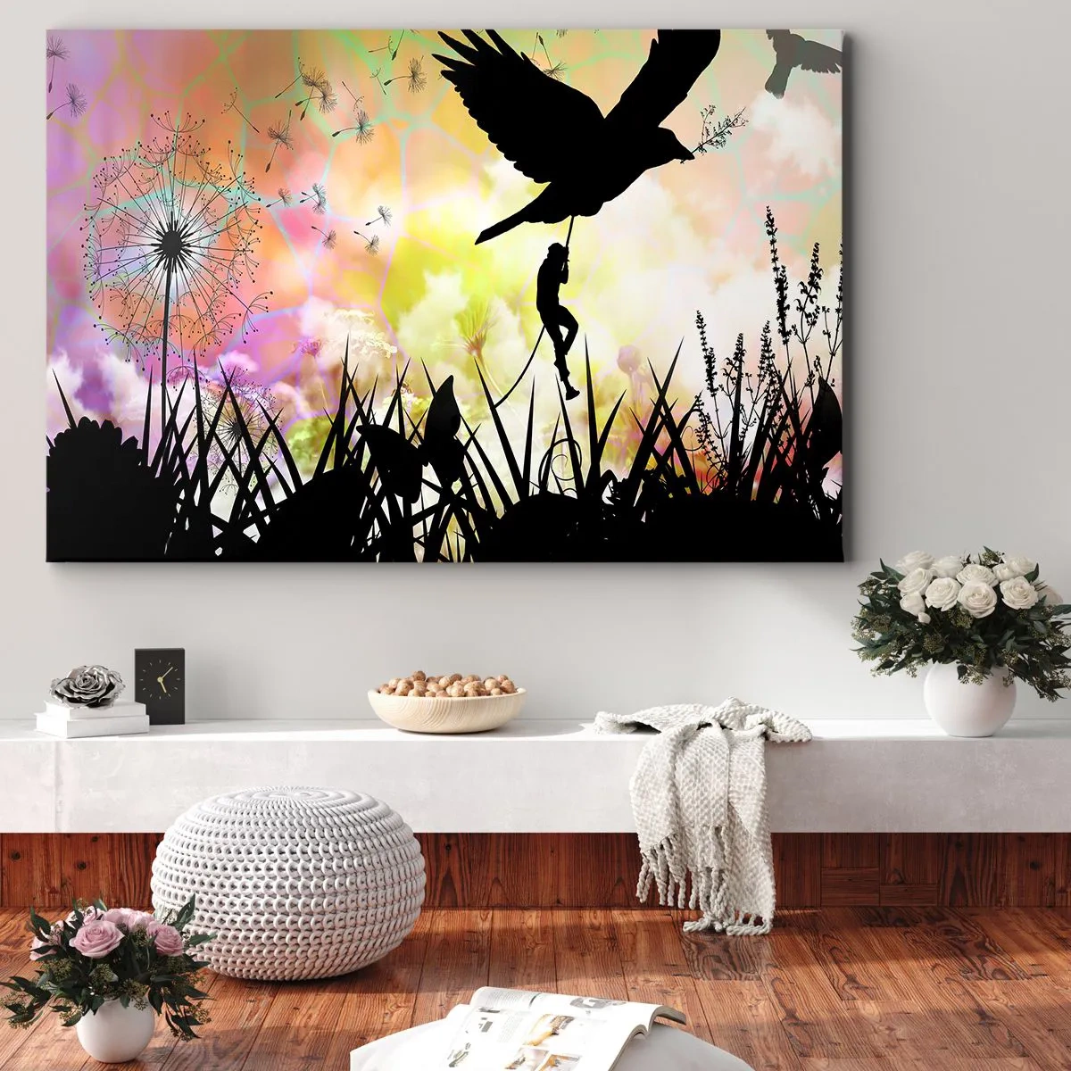 Quadro su tela - Stampe su Tela - Silhouette della natura con un uccello e un dente di leone - 70x50cm - Nell'atmosfera delle favole - Decorazione murale moderna per soggiorno e camera da letto ARTTOR