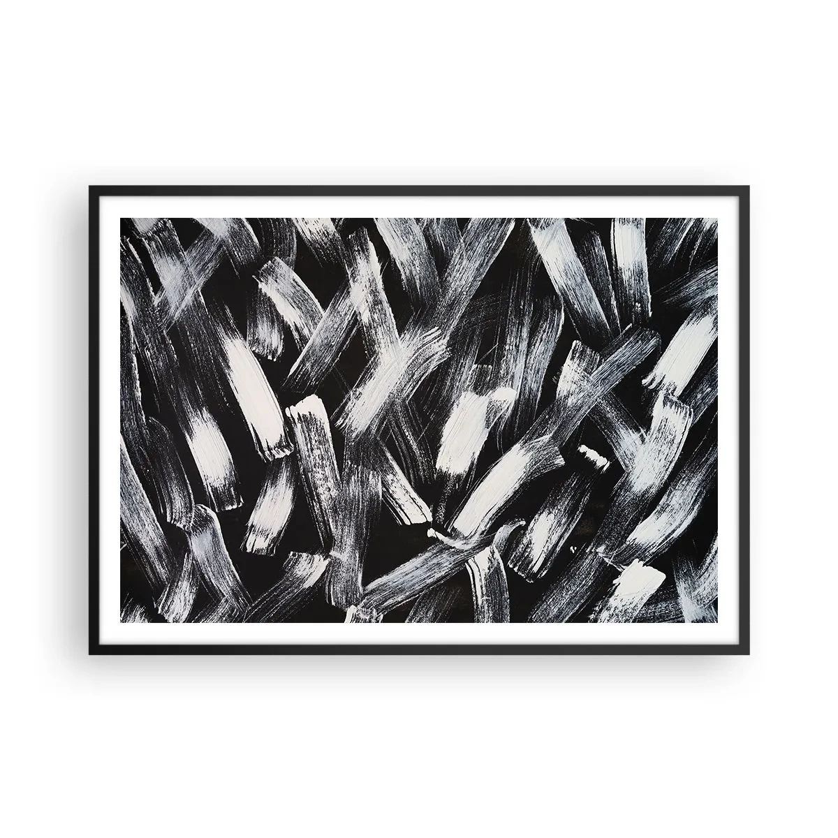 Poster in cornice nera - Astrazione dinamica con pennellate bianche su sfondo nero. - 100x70cm - Astrazione in spirito industriale - Decorazione murale moderna per soggiorno e camera da letto ARTTOR