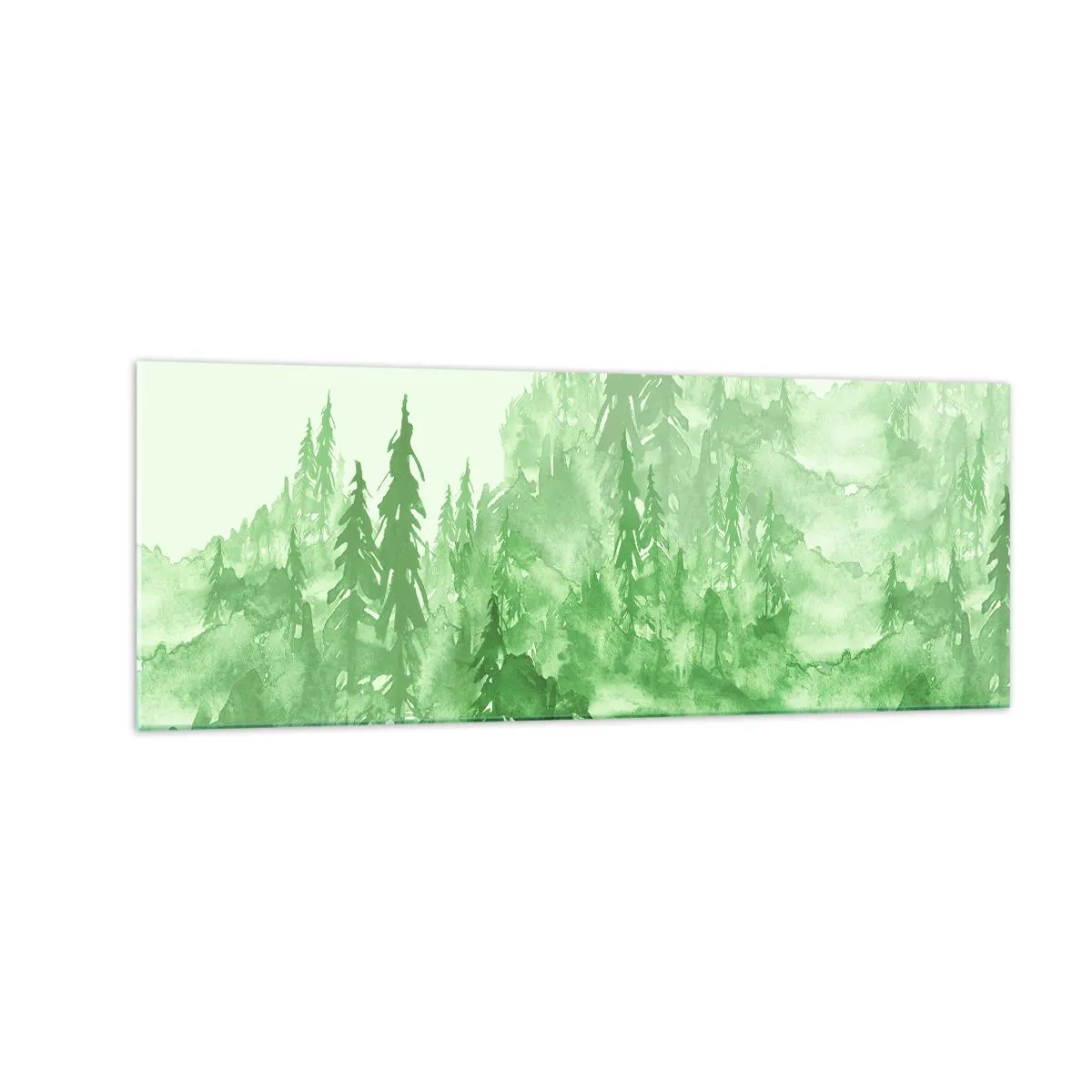 Quadro su vetro - Foresta verde in stile acquerello su sfondo chiaro - 140x50cm - Sfocato da una nebbia verde - Decorazione murale moderna per soggiorno e camera da letto ARTTOR