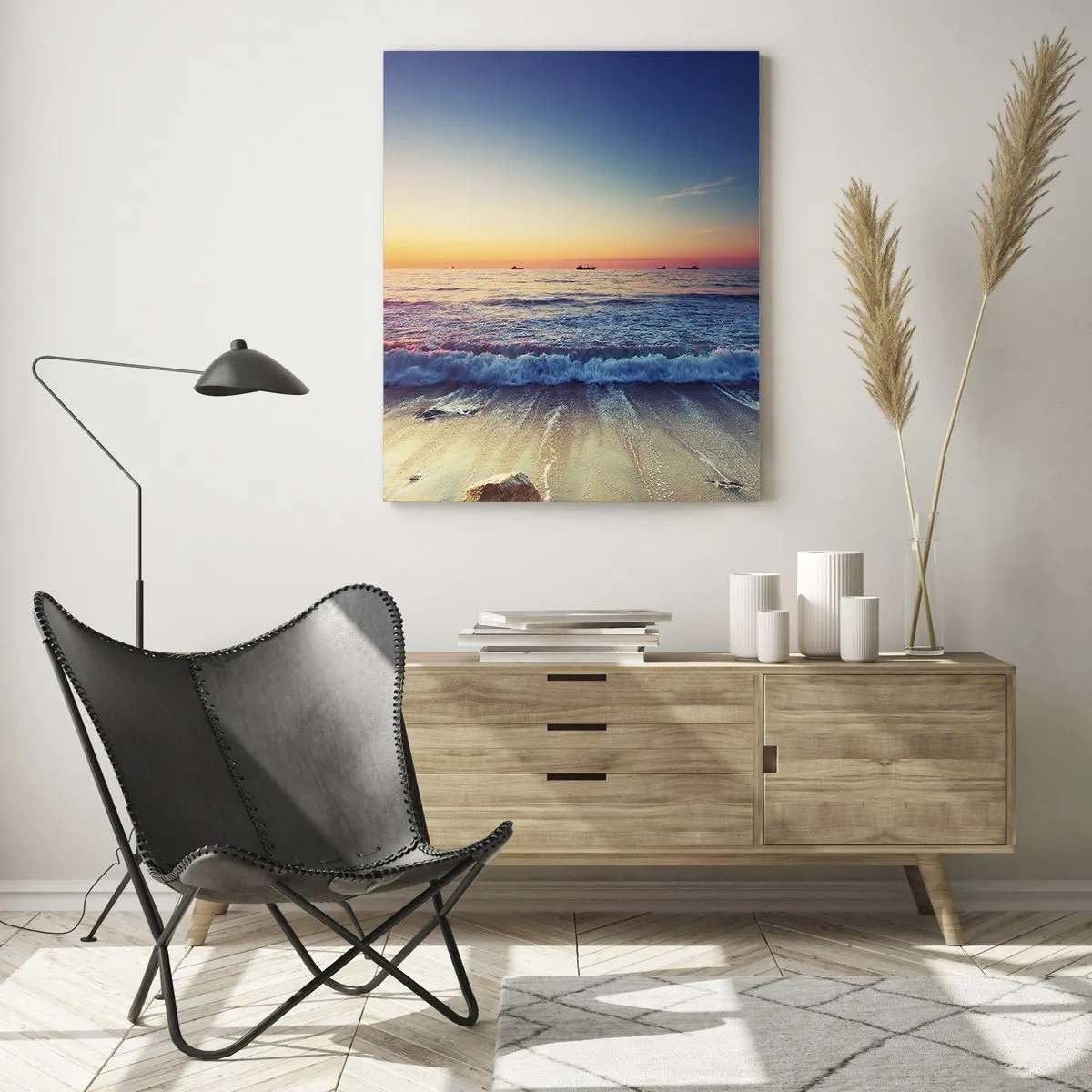 Quadro su vetro - Tramonto su un mare calmo con onde - 80x120cm - Cosa c'è dietro l'orizzonte? - Decorazione murale moderna per soggiorno e camera da letto ARTTOR
