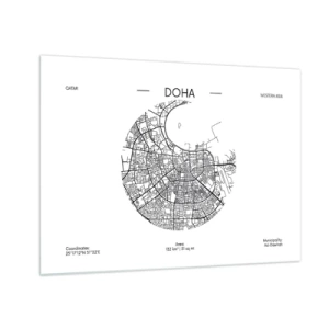 Quadro su vetro - Una mappa grafica di Doha in stile minimalista in bianco e nero. - 70x50cm - Anatomia di Doha - Decorazione murale moderna per soggiorno e camera da letto ARTTOR