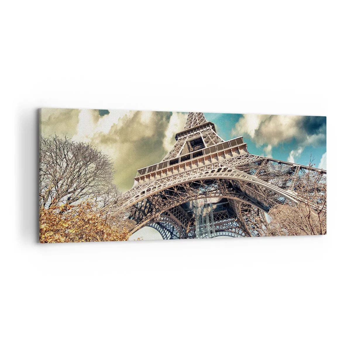 Quadro su tela - Stampe su Tela - La Torre Eiffel dal basso in un ambiente autunnale - 120x50cm - L'autunno a Parigi... - Decorazione murale moderna per soggiorno e camera da letto ARTTOR
