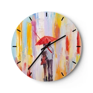 Orologio da parete - Orologio in Vetro - Una figura con un ombrello rosso sullo sfondo di una città colorata - 30x30cm - Che piova ancora - Decorazione murale moderna per soggiorno, cucina e camera da letto ARTTOR