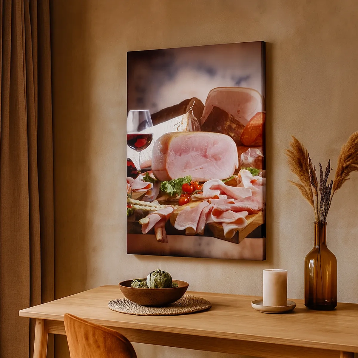 Quadro su tela - Stampe su Tela - Affettati con vino su sfondo rustico - 50x70cm - Sogno culinario con caraffa - Decorazione murale moderna per soggiorno e camera da letto ARTTOR