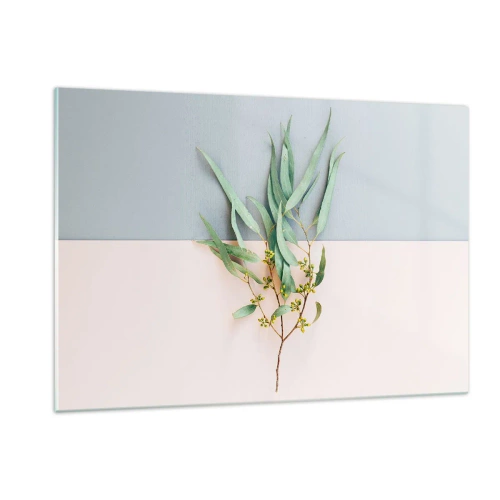Quadro su vetro - Un rametto di eucalipto su uno sfondo pastello - 120x80cm - Delicatezza pastello - Decorazione murale moderna per soggiorno e camera da letto ARTTOR