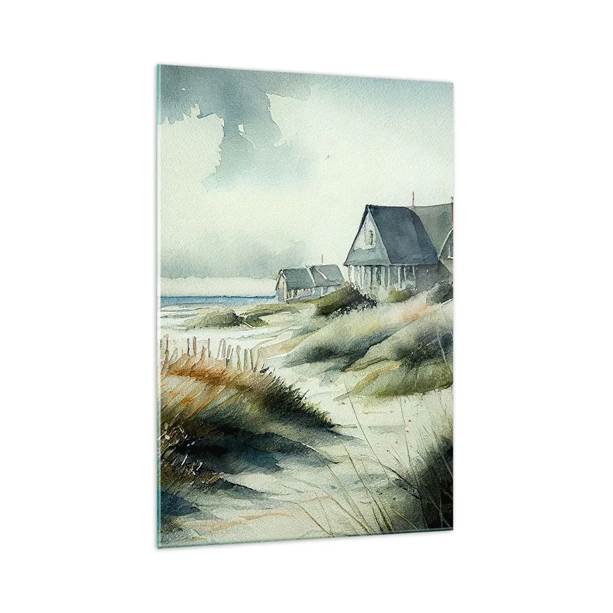 Quadro su vetro - Una casa al mare circondata dal prato e con vista sul mare - 70x100cm - Lontano dal caos - Decorazione murale moderna per soggiorno e camera da letto ARTTOR