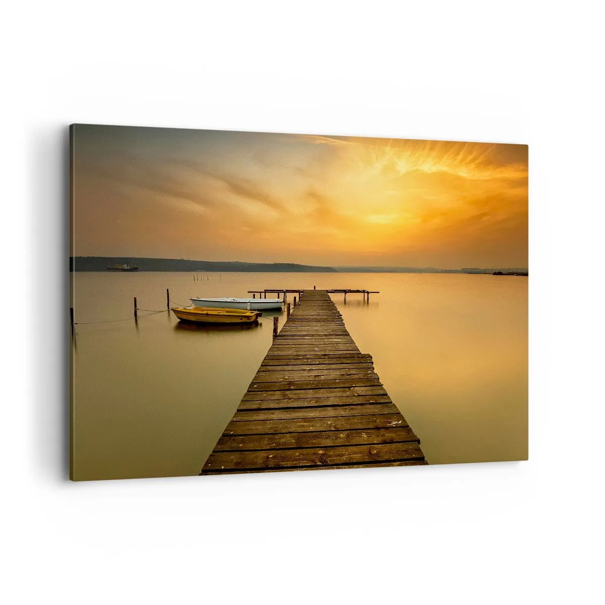 Quadro su tela - Stampe su Tela - Pontile in legno e barche sul lago al tramonto - 120x80cm - Ti apro il cielo dorato - Decorazione murale moderna per soggiorno e camera da letto ARTTOR