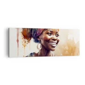 Quadro su tela - Stampe su Tela - Ritratto di una donna sorridente con una sciarpa colorata in acquerello - 140x50cm - Regina africana - Decorazione murale moderna per soggiorno e camera da letto ARTTOR