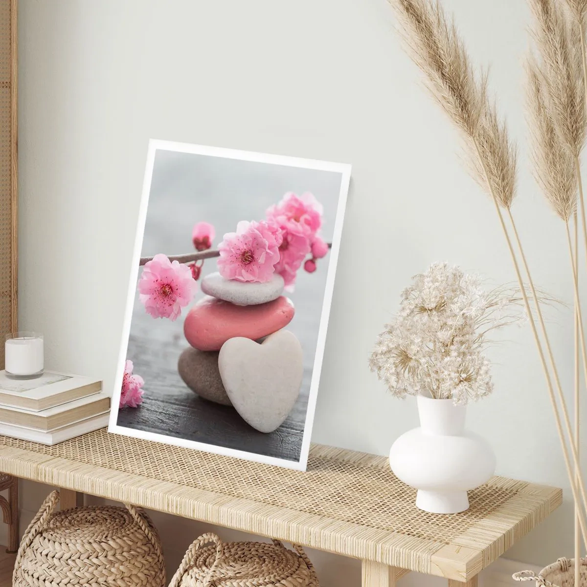 Poster - Pietre a forma di cuore con fiori di ciliegio rosa - 50x70cm - Serenità con fiori di ciliegio - Decorazione murale moderna per soggiorno e camera da letto ARTTOR