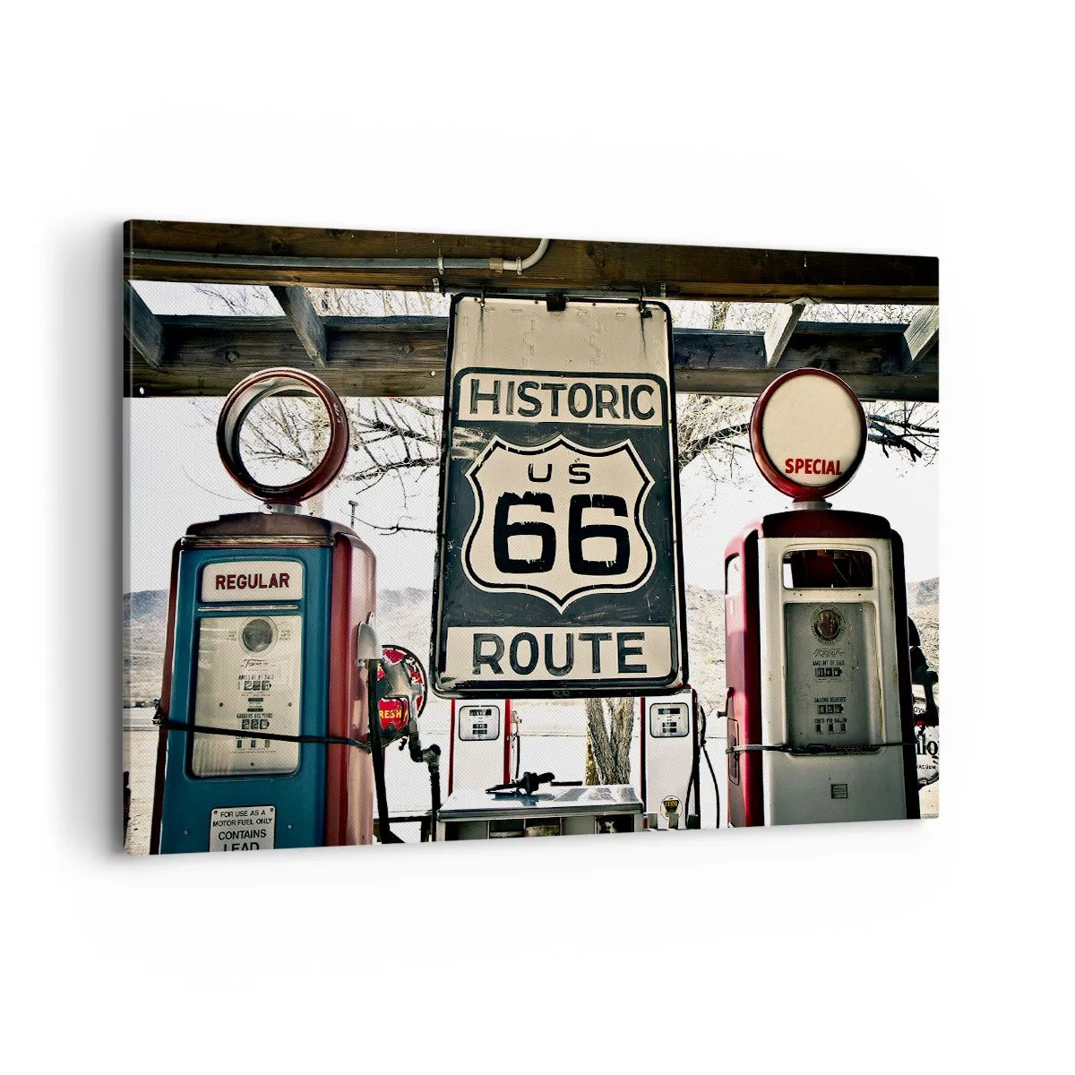 Quadro su tela - Stampe su Tela - Stazione di servizio storica della Route 66 - 120x80cm - Viaggio retro americano - Decorazione murale moderna per soggiorno e camera da letto ARTTOR