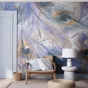 Fotomurali Premium Sand - Delicate piume di pavone nelle tonalità del blu - 100x70cm - Composizione a occhio di pavone - Decorazione murale moderna per soggiorno e camera da letto ARTTOR