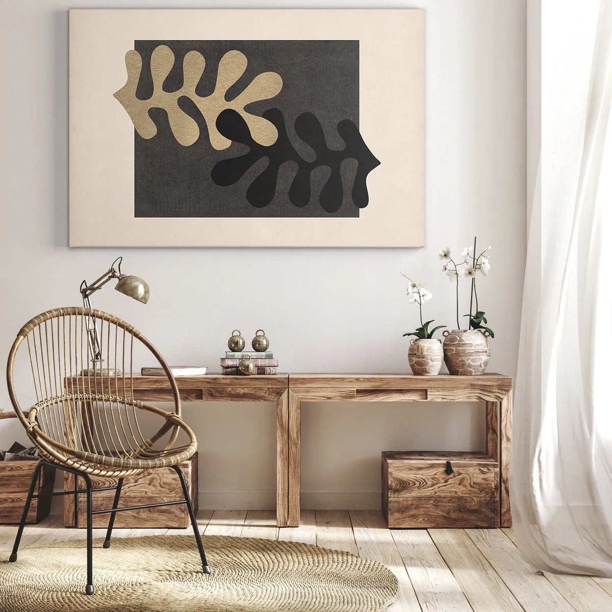 Quadro su tela - Stampe su Tela - Foglie astratte in nero e beige su uno sfondo rettangolare - 100x70cm - Assenza e completamento - Decorazione murale moderna per soggiorno e camera da letto ARTTOR
