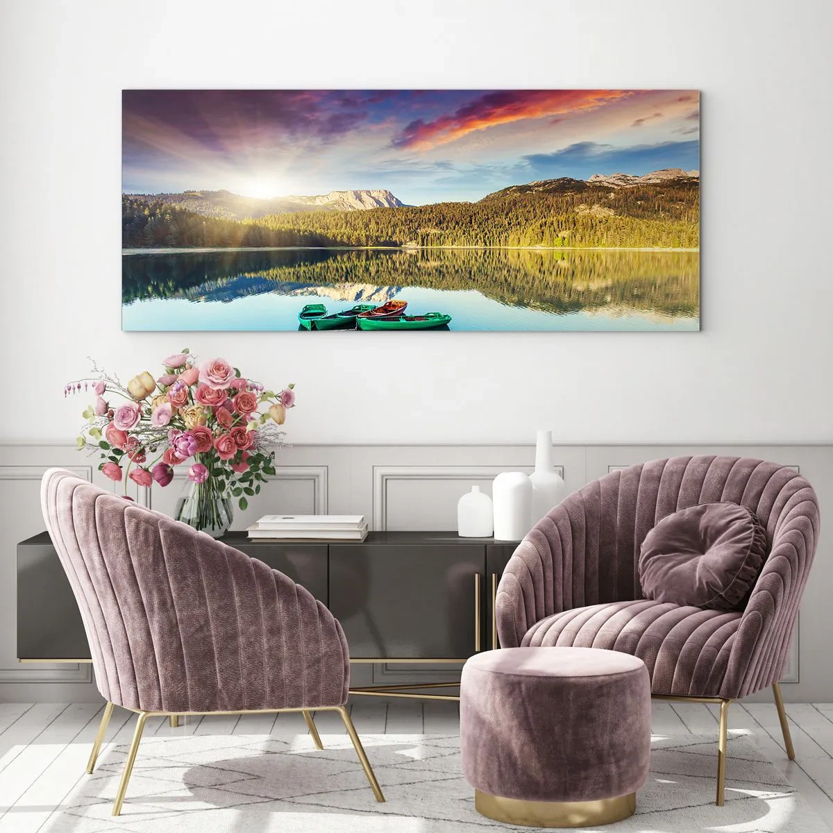 Quadro su vetro - Tramonto sul lago con barche al molo - 160x50cm - Sull'acqua liscia come uno specchio - Decorazione murale moderna per soggiorno e camera da letto ARTTOR