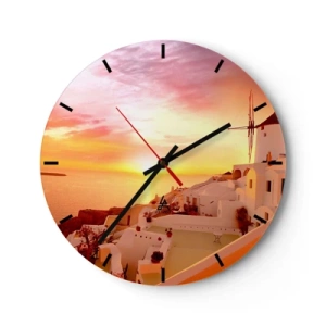 Orologio da parete - Orologio in Vetro - Veduta dell'architettura greca al tramonto - 30x30cm - Sciogliersi nel bianco e nell'oro - Decorazione murale moderna per soggiorno, cucina e camera da letto ARTTOR
