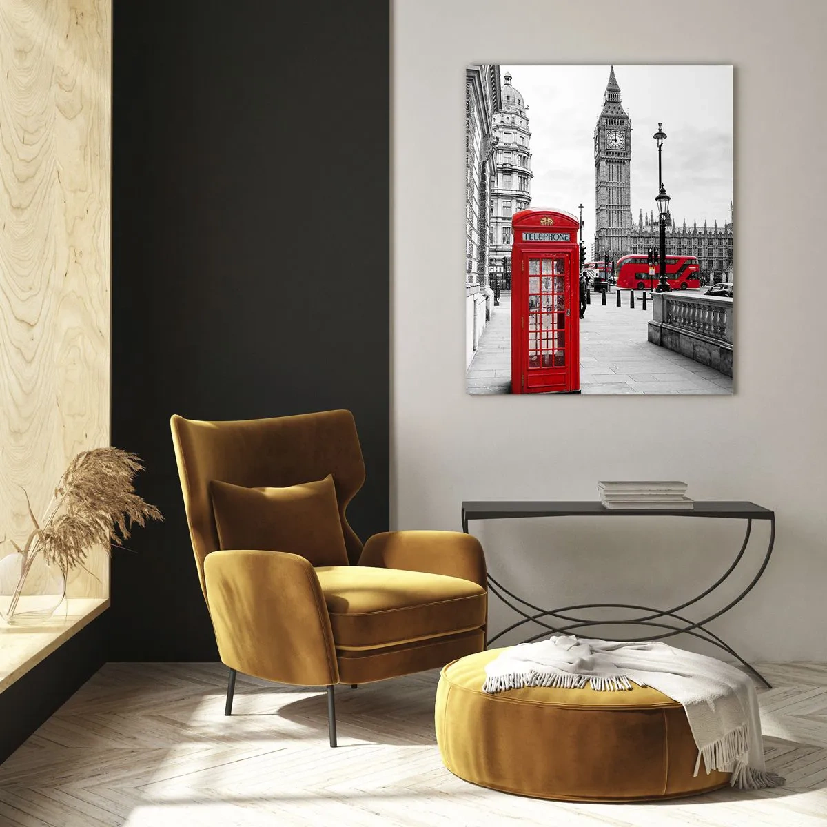 Quadro su vetro - Londra in bianco e nero con una cabina telefonica rossa e un autobus - 50x70cm - Indubbiamente Londra - Decorazione murale moderna per soggiorno e camera da letto ARTTOR