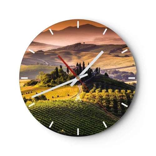 Orologio da parete - Orologio in Vetro - Pittoresche colline con alberi e vigneti nella calda luce - 30x30cm - Arcadia: paesaggio toscano - Decorazione murale moderna per soggiorno, cucina e camera da letto ARTTOR