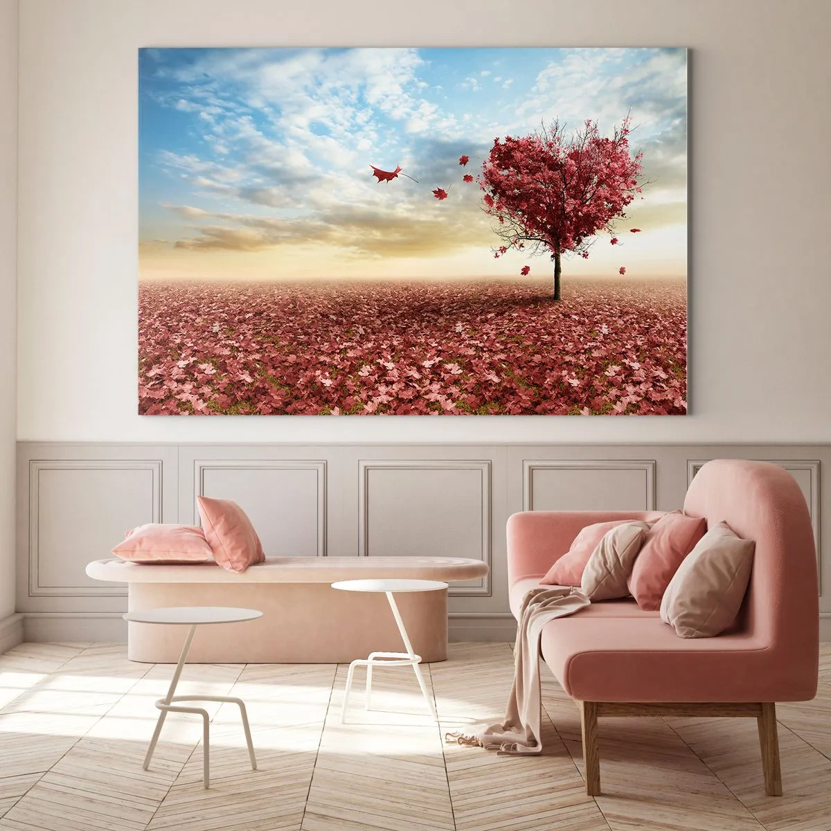 Quadro su vetro - Un albero a forma di cuore contro un campo di foglie rosse - 70x50cm - Ama questo autunno - Decorazione murale moderna per soggiorno e camera da letto ARTTOR