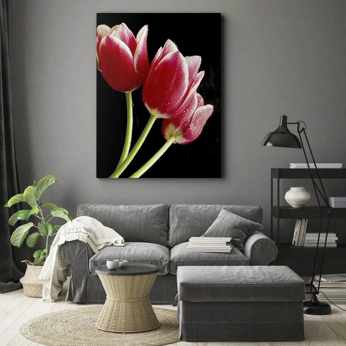 Quadro su tela - Stampe su Tela - Tulipani rossi con gocce di rugiada su sfondo nero - 70x100cm - Promessa di amore puro - Decorazione murale moderna per soggiorno e camera da letto ARTTOR