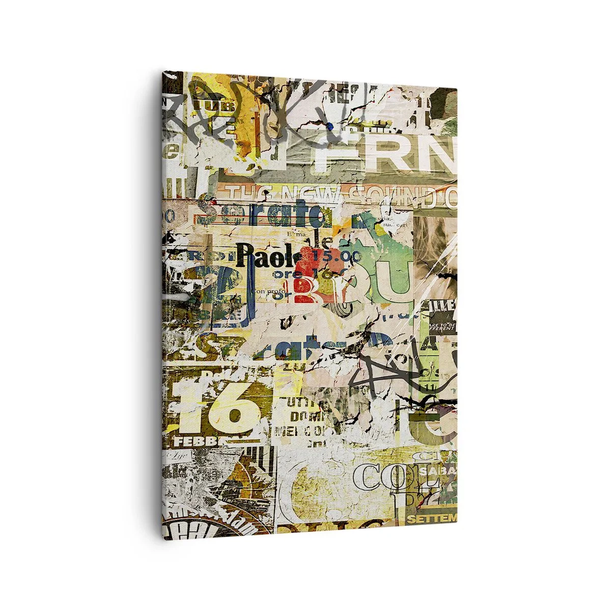 Quadro su tela - Stampe su Tela - Un collage di frammenti di giornali e manifesti in stile artistico. - 50x70cm - Qualcosa sta succedendo… - Decorazione murale moderna per soggiorno e camera da letto ARTTOR