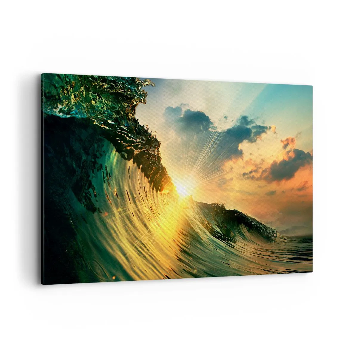 Quadro su tela - Stampe su Tela - Un'onda con il sole al tramonto e le nuvole illuminate - 120x80cm - Surfista, dove sei? - Decorazione murale moderna per soggiorno e camera da letto ARTTOR
