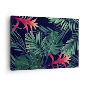 Quadro su tela - Stampe su Tela - Foglie e fiori tropicali su sfondo scuro - 70x50cm - Fiammante nel verde - Decorazione murale moderna per soggiorno e camera da letto ARTTOR