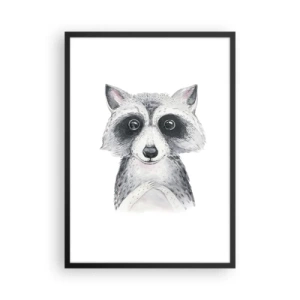 Poster in cornice nera - Un simpatico procione raffigurato su uno sfondo bianco - 50x70cm - Un attimo di commozione - Decorazione murale moderna per soggiorno e camera da letto ARTTOR