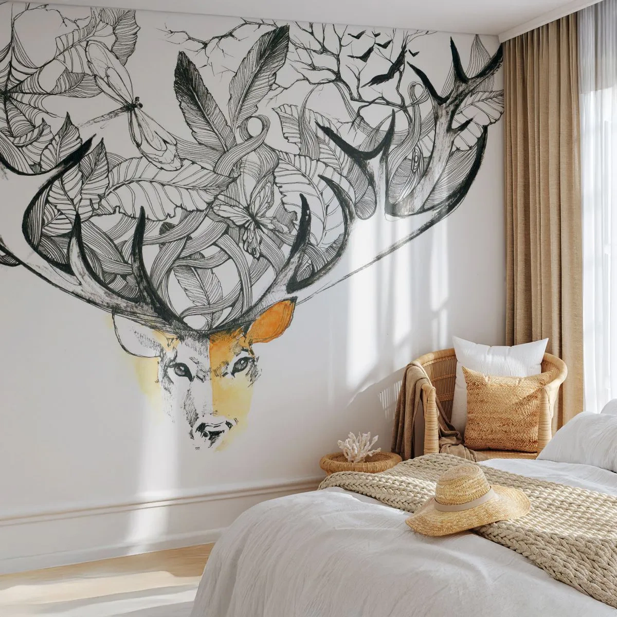 Fotomurali Premium Sand - Un cervo dei cartoni animati con le corna a forma di foglie e rami - 100x70cm - I corni dell'abbondanza - Decorazione murale moderna per soggiorno e camera da letto ARTTOR