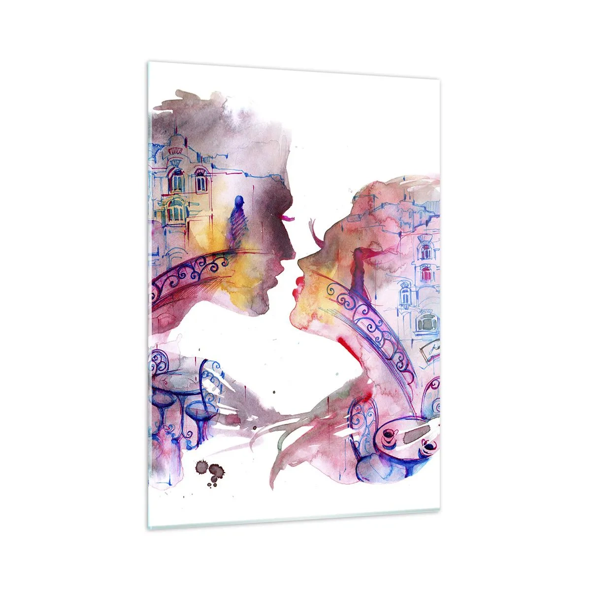 Quadro su vetro - Illustrazione di un ritratto astratto di due persone a forma di cuore - 50x70cm - Misterioso ponte dei sospiri - Decorazione murale moderna per soggiorno e camera da letto ARTTOR