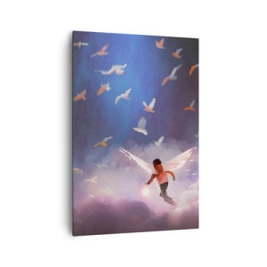 Quadro su tela - Stampe su Tela - Una figura con ali d'angelo che fluttua tra gli uccelli nel cielo - 70x100cm - Bisogna avere fantasia e coraggio - Decorazione murale moderna per soggiorno e camera da letto ARTTOR