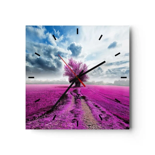 Orologio da parete - Orologio in Vetro - Un albero solitario in un campo in una tonalità di rosa intenso - 30x30cm - Brughiera selvatica - Decorazione murale moderna per soggiorno e camera da letto ARTTOR