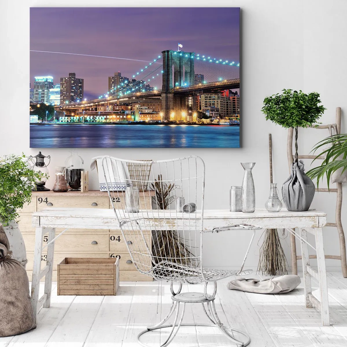 Quadro su tela - Stampe su Tela - Ponte di Brooklyn di notte con la città illuminata sullo sfondo - 100x70cm - Da tanti anni il ponte di Brooklyn - Decorazione murale moderna per soggiorno e camera da letto ARTTOR