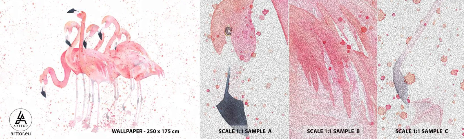 Campione di Fotomurale Premium Sand - Gruppo in rosa - Fenicotteri, Uccelli, Grafica - 100x30 cm